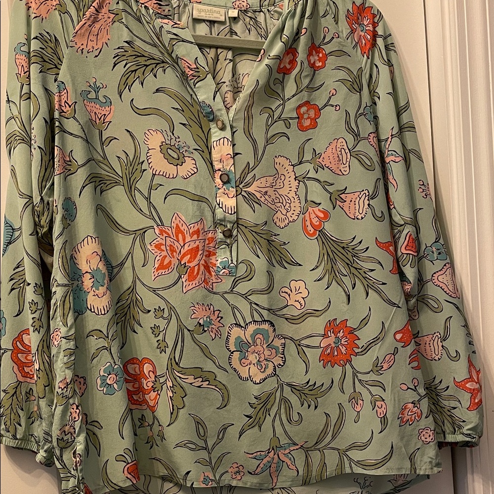 Spartina Floral Blouse in Green and Coral